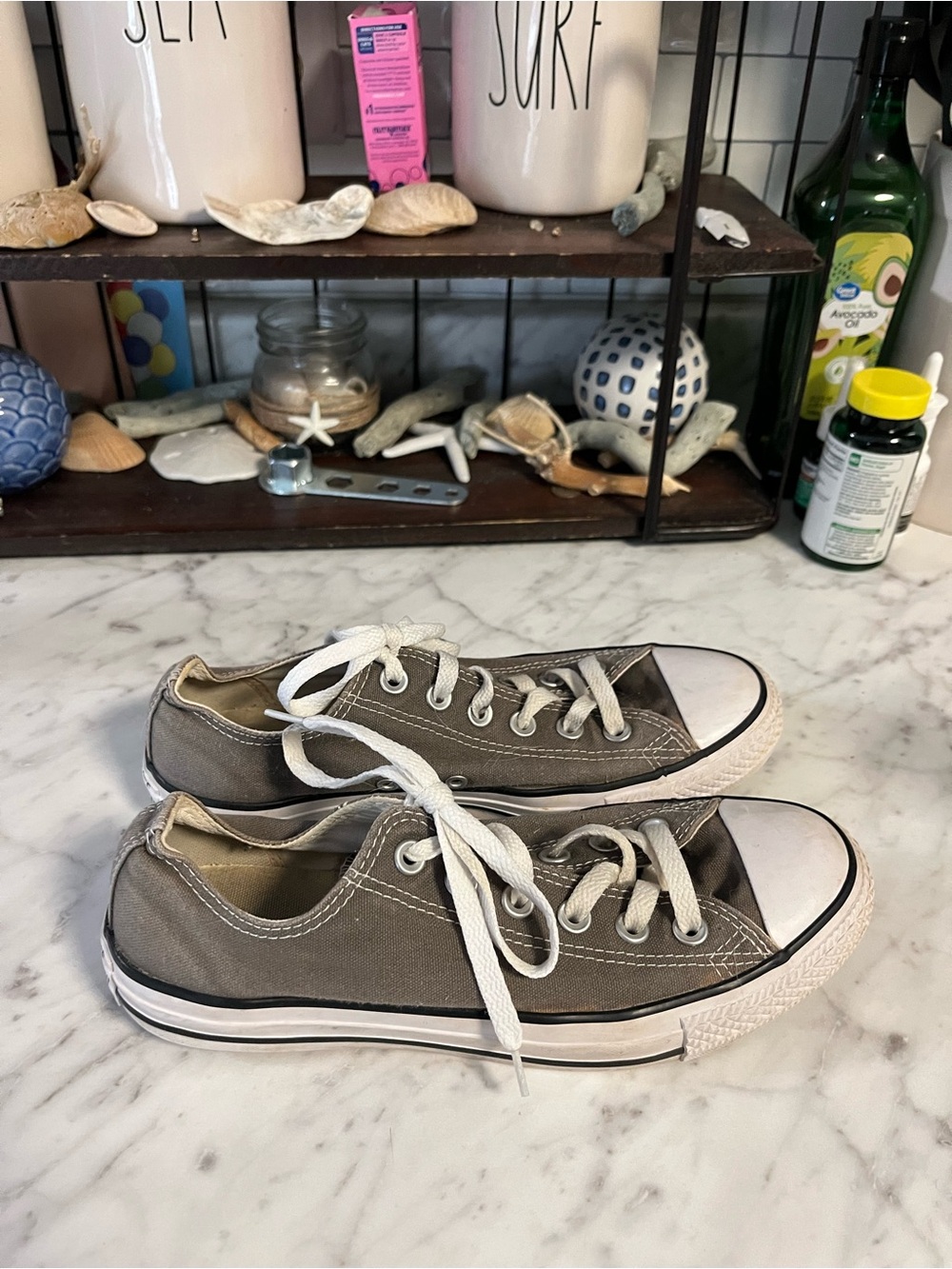 Converse women’s 8 Low Top Sneakers in Gray with White Toe Cap